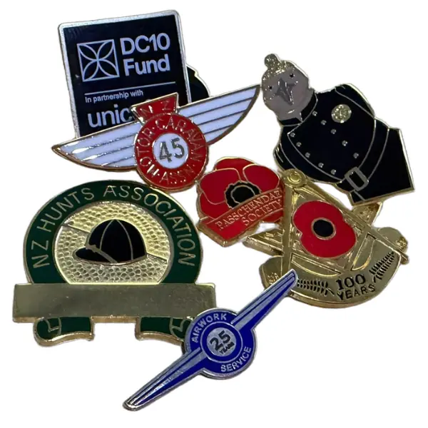 Hard enamel lapel badges in several colours and shapes