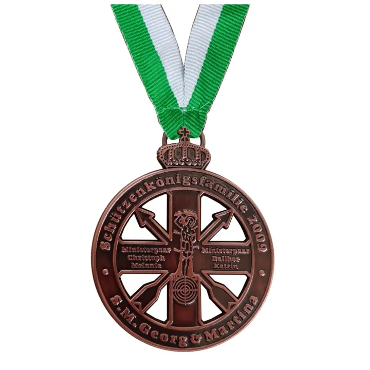 Custom cut-out medal in an irregular shape with a coloured neck ribbon