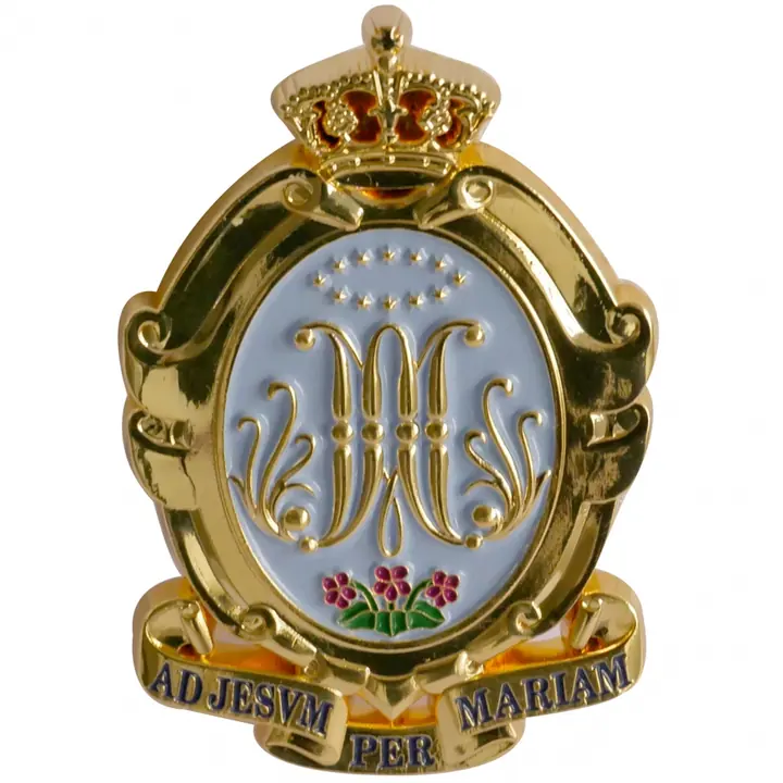 Enamel school medal with a crest in the centre and a blue neck ribbon