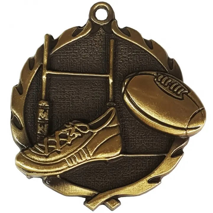 Three sports medals in gold, silver and bronze, each with a raised sporting figure